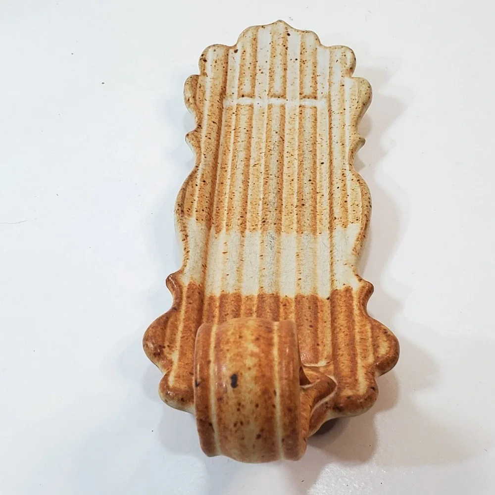 Vtg Marcia Muth Rustic Art Pottery Tri Color Butter Stick Dish W/ Handle Scallop